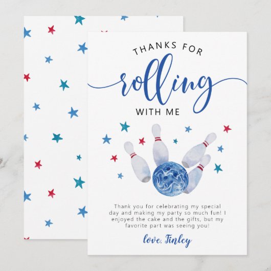 Blauw verjaardagsbedankje voor bowlen Bedankt voor (Voorkant / Achterkant)