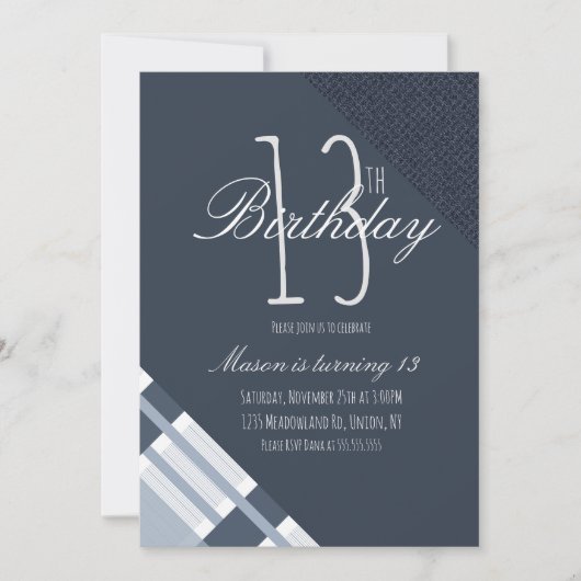 Blauw verjaardagsruit denim jongens dertien feest (Voorkant)