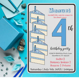 Blauw Verjaardagstaart 4e Verjaardagsfeestje Kinde Kaart