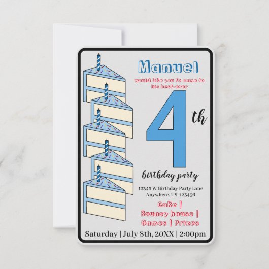 Blauw Verjaardagstaart 4e Verjaardagsfeestje Kinde Kaart (Voorkant)
