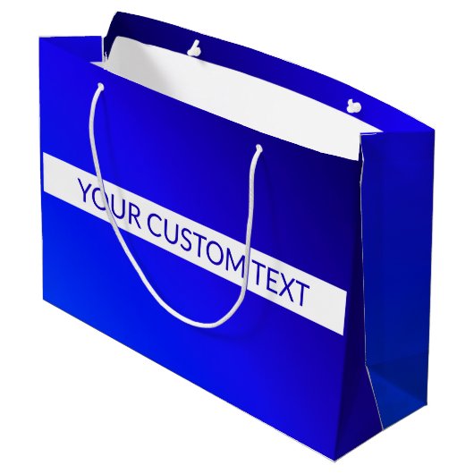 Blauw verloop en bewerkbare tekst op witte streep groot cadeauzakje (Achterkant Gekanteld)