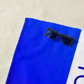 Blauw verloop en bewerkbare tekst op witte streep strandlaken (In situ)