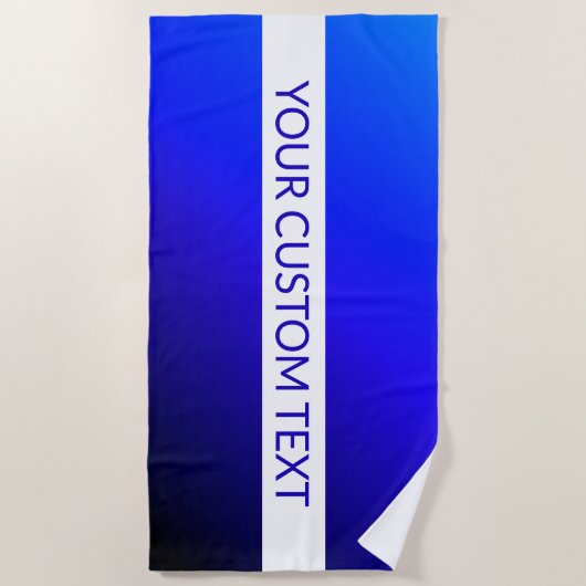 Blauw verloop en bewerkbare tekst op witte streep strandlaken (Voorkant)