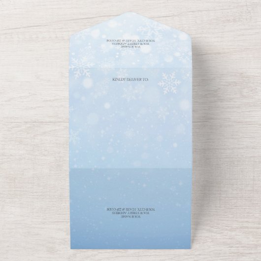 Blauw verloop met witte sneeuwvlokken all in one uitnodiging (Buitenkant)