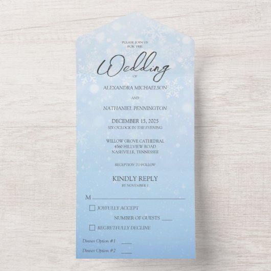 Blauw verloop met witte sneeuwvlokken all in one uitnodiging (Binnen)