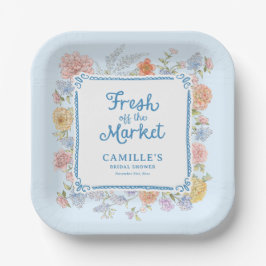 Blauw 'Vers van de Markt' Bruidsmeisjesshower Papieren Bordje