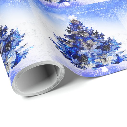 Blauw versierde blauwe kerstboom cadeaupapier (Rol Hoek)