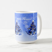 Blauw versierde kerstboom koffiemok (Voorkant rechts)
