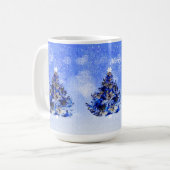 Blauw versierde kerstboom koffiemok (Voorkant links)