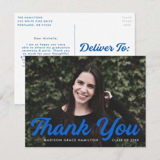Blauw | Vet Script Foto Afstuderen Bedankt Briefkaart (Voorkant / Achterkant)