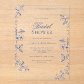 Blauw Victoriaans  getrokken Floral Vrijgezellenfe Acryl Uitnodigingen (Voorkant)