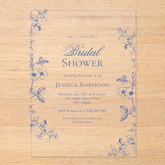 Blauw Victoriaans  getrokken Floral Vrijgezellenfe Acryl Uitnodigingen (Voorkant)