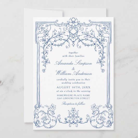 Blauw Victoriaans  Grace Bloemen Frans Bruiloft Kaart (Voorkant)