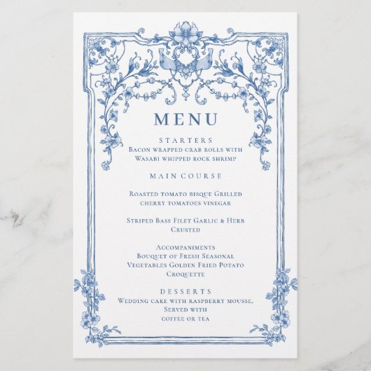 Blauw Victoriaans  Grace Bruiloft Diner Menu (Voorkant)