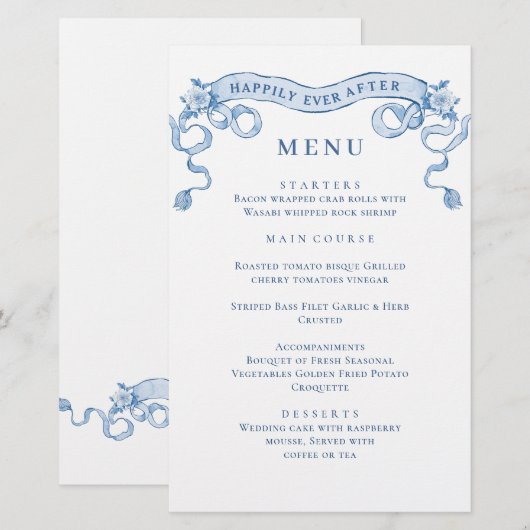 Blauw Victoriaans Grace Bruiloft Diner Menu (Voorkant / Achterkant)