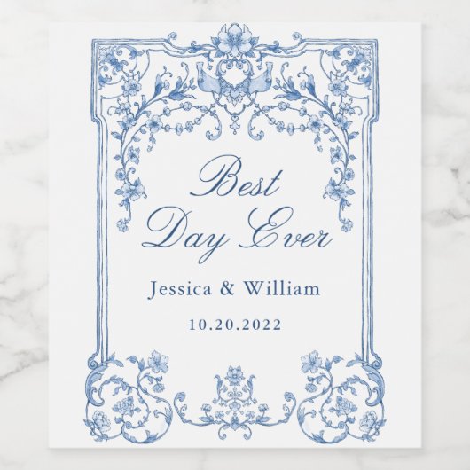 Blauw Victoriaans  Grace Floral Boho Bruiloft Wijn Etiket (Enkel label)