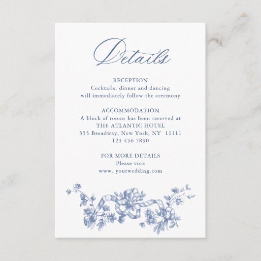 Blauw Victoriaans Grace Floral bruiloft Details Informatiekaartje (Voorkant)