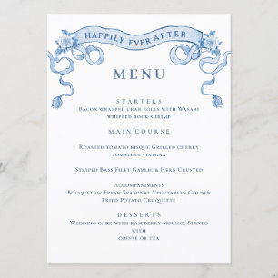 Blauw Victoriaans Grace Floral bruiloft diner Menu