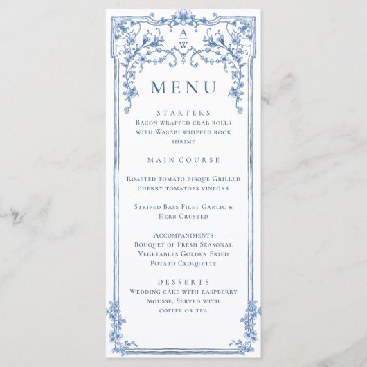 Blauw Victoriaans  Grace Floral bruiloft diner Menu (Voorkant)