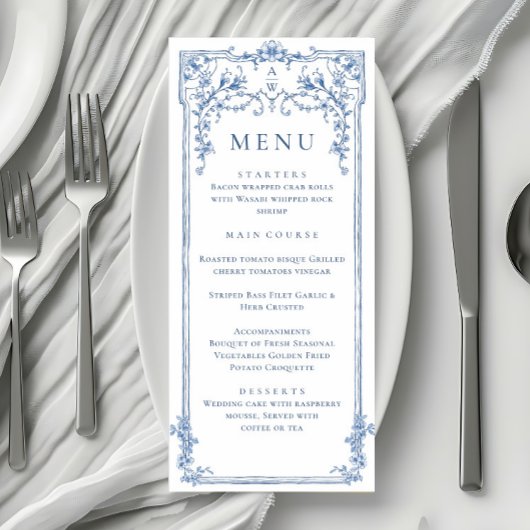 Blauw Victoriaans  Grace Floral bruiloft diner Menu