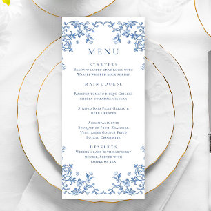 Blauw Victoriaans Grace Floral bruiloft diner Menu
