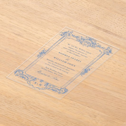 Blauw Victoriaans  Grace Floral Lijst Bruiloft Acryl Uitnodigingen (Laagn)