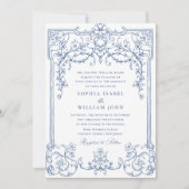 Blauw Victoriaans  Grace Floral Lijst Bruiloft Kaart (Voorkant)