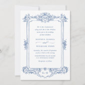 Blauw Victoriaans Grace Floral Wedding QR-code Kaart (Voorkant)