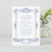 Blauw Victoriaans Grace Floral Wedding QR-code Kaart (Staand voorkant)