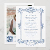 Blauw Victoriaans  Grace Floral Wedding QR-code Kaart (Voorkant / Achterkant)
