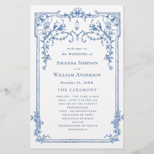 Blauw Victoriaans huwelijksceremonie programma (Voorkant)