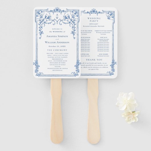 Blauw Victoriaans  huwelijksceremonie programma Handwaaier (Voorkant en achterkant)