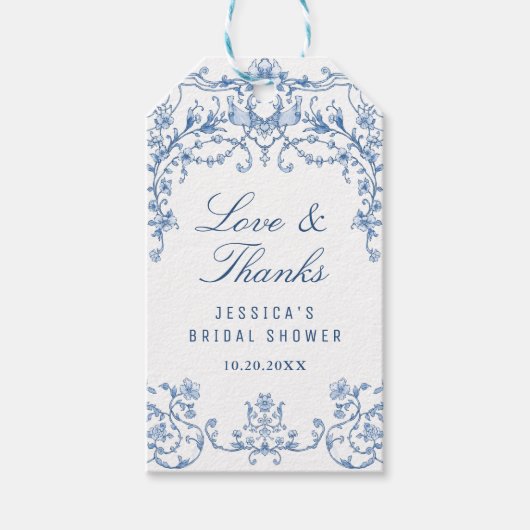 Blauw Victoriaans Sierlijk Elegante Bloemrijke Bru Cadeaulabel (Voorkant)