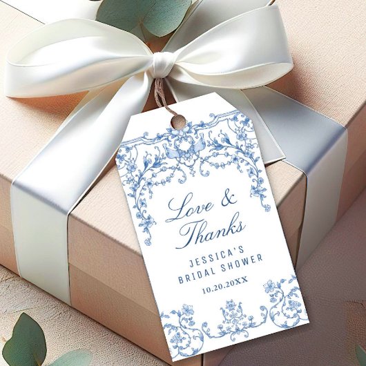 Blauw Victoriaans Sierlijk Elegante Bloemrijke Bru Cadeaulabel