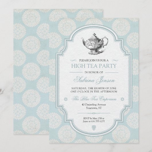 Blauw Victoriaans Thee Feestje Kaart (Voorkant / Achterkant)