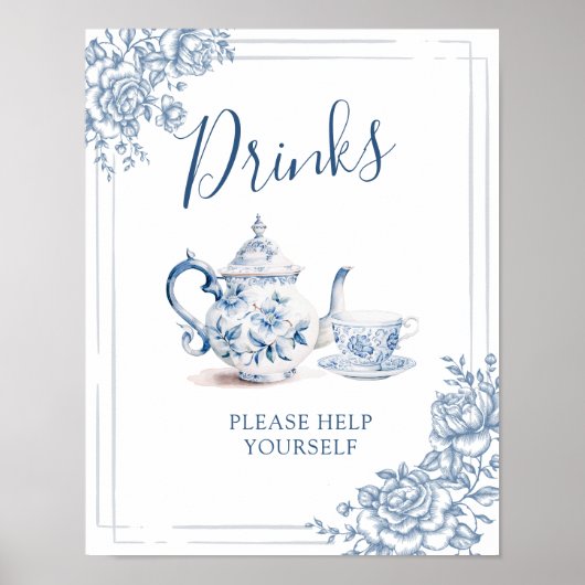 Blauw Victoriaans Tuin Bruids Thee Drinken Teken Poster (Voorkant)