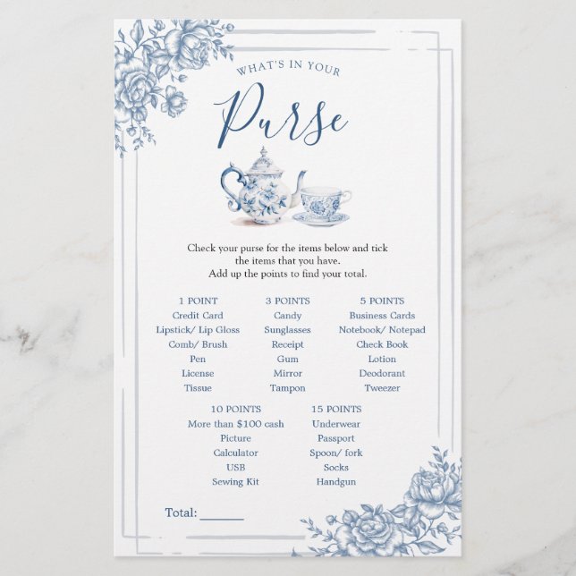 Blauw Victoriaans Tuin Bruids Theeportemonnee Game (Voorkant)