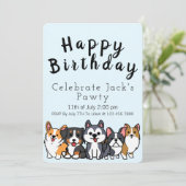 Blauw - Vier Paw-ty-cartoonpuppy's uitnodiging (Staand voorkant)