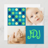 Blauw vierkant met polka stippen en initialen aankondiging (Voorkant / Achterkant)