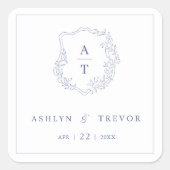 Blauw vierkant sticker met monogram embleem voor e (Voorkant)