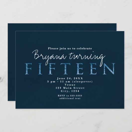 Blauw Vijftien 15TH 15 Verjaardagsfeestuitnodiging Kaart (Voorkant / Achterkant)
