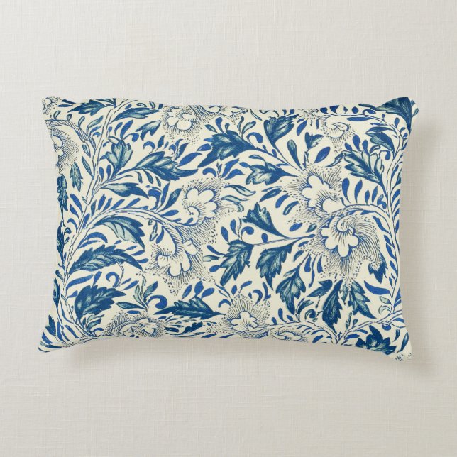 Blauw Vintage Aziatisch Bloemmotief: Antieke Chino Decoratief Kussen (Achterkant)