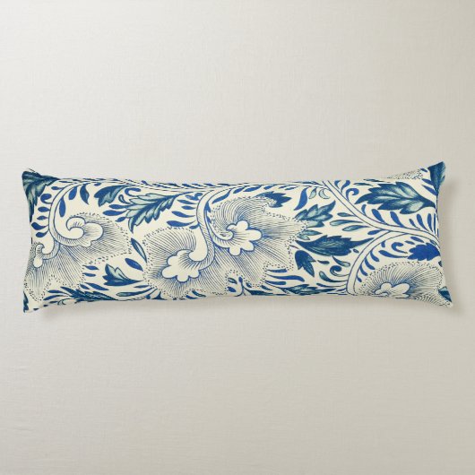 Blauw Vintage Aziatisch Bloemmotief: Antieke Chino Lichaamskussen (Achterkant)
