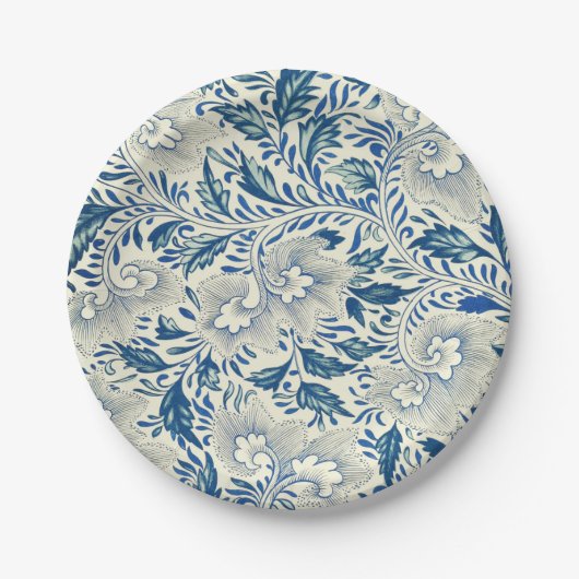 Blauw Vintage Aziatisch Bloemmotief: Antieke Chino Papieren Bordje (Voorkant)