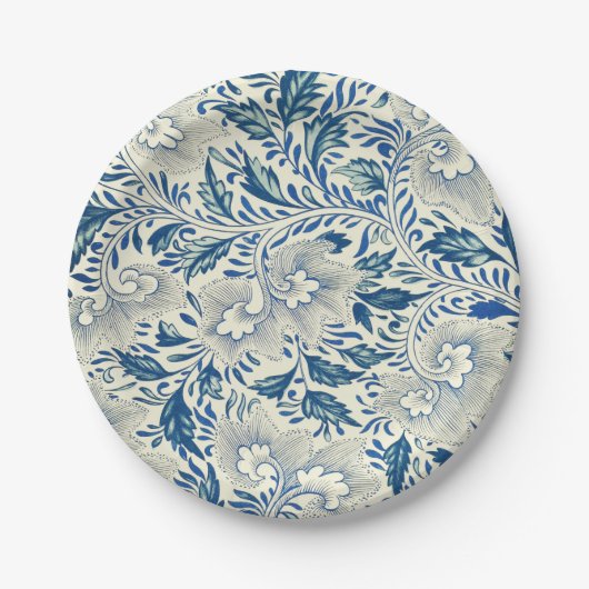 Blauw Vintage Aziatisch Bloemmotief: Antieke Chino Papieren Bordje (Voorkant)