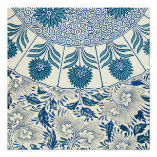 Blauw Vintage Aziatisch Bloemmotief: Antieke Chino Poster