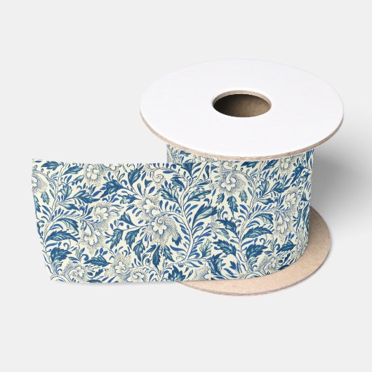 Blauw Vintage Aziatisch Bloemmotief: Antieke Chino Satijnen Lint (Spoel)
