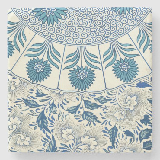 Blauw Vintage Aziatisch Bloemmotief: Antieke Chino Stenen Onderzetter (Voorkant)