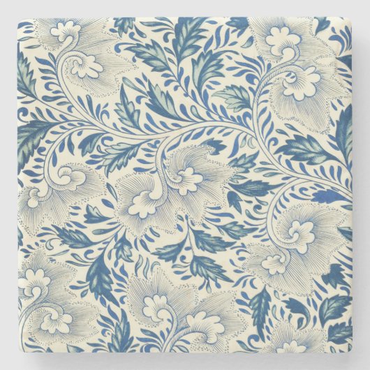 Blauw Vintage Aziatisch Bloemmotief: Antieke Chino Stenen Onderzetter (Voorkant)