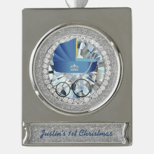 Blauw Vintage Baby Carriage Juwelen Nep Glitter Verzilverd Banner Ornament
